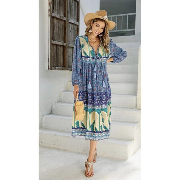 R. Vivimos Long Sleeve Bohemian Peacock Printed V-Neck Midi Dress Tassel Tie - Picture 1 of 9